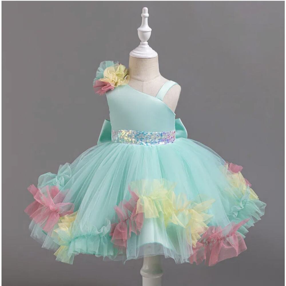 Elegant Princess Green Party Dress Size 120 US 4T-5T Tulle Bow Sequin Dress